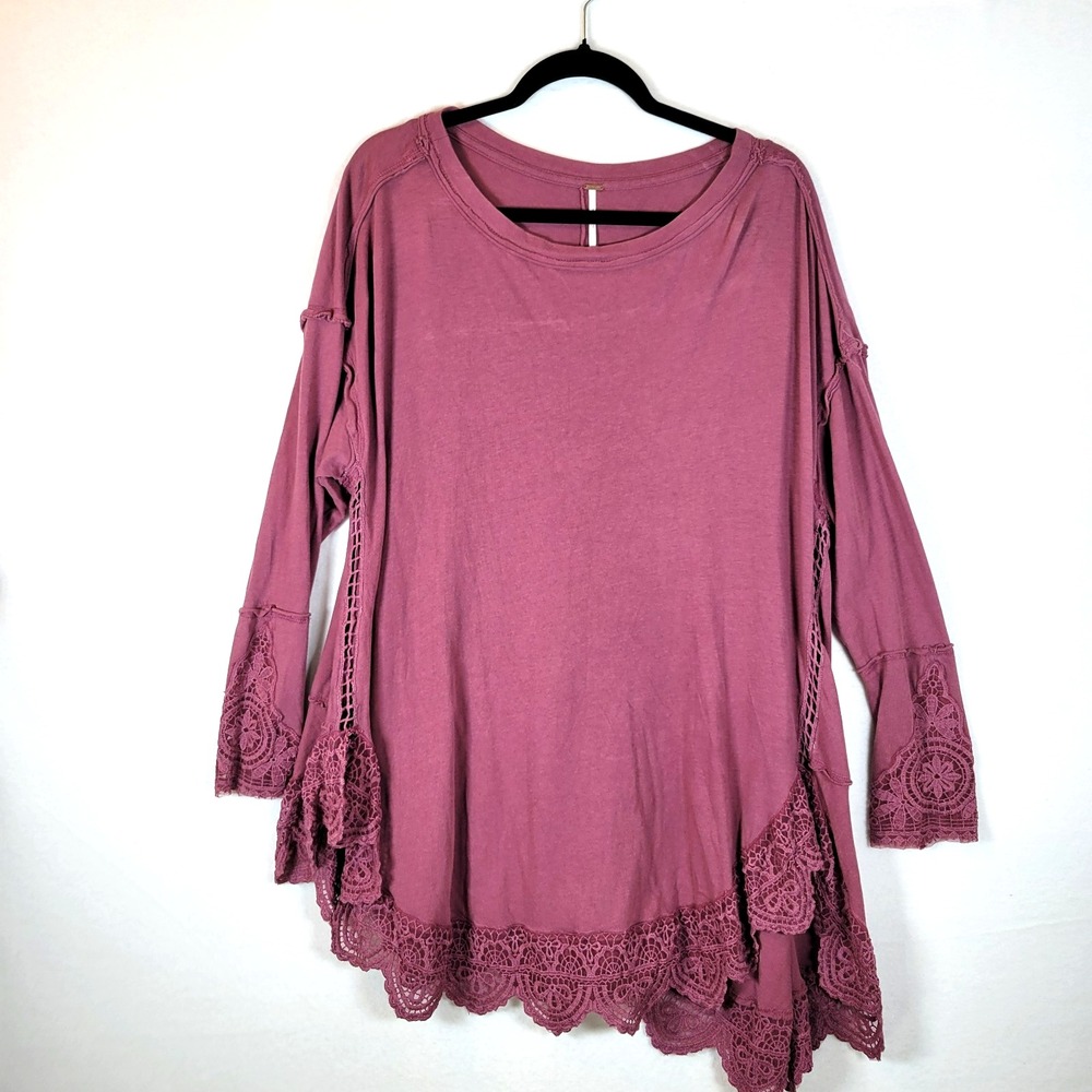 Free People Womens Sparrow Asymmetric Crochet Lace Tunic Top Size Large Pink